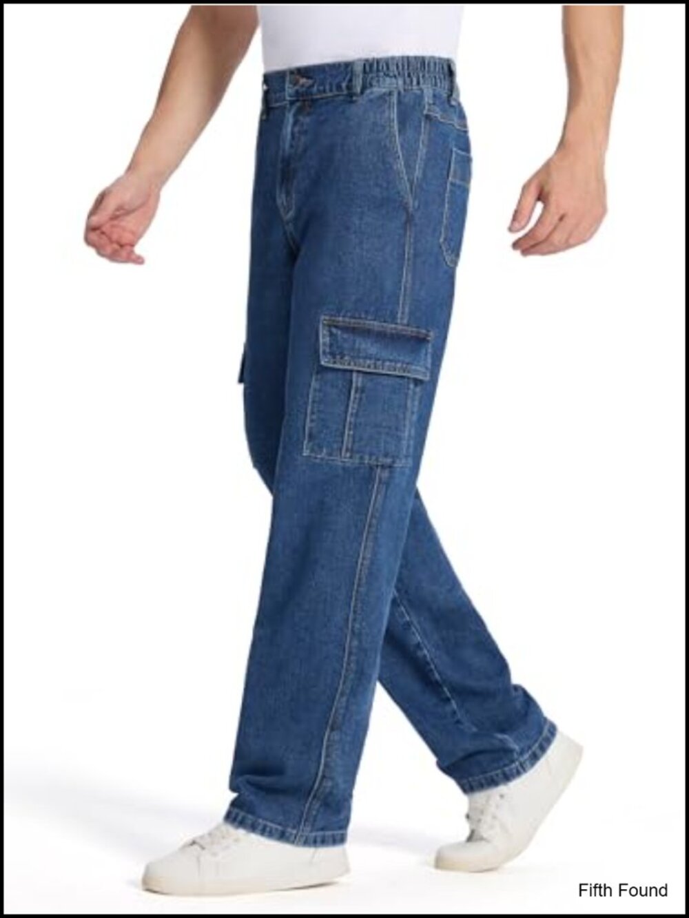 Men's Relaxed Fit Cargo Jeans Elastic Waist 6 Pockets Straight Leg Work Utility